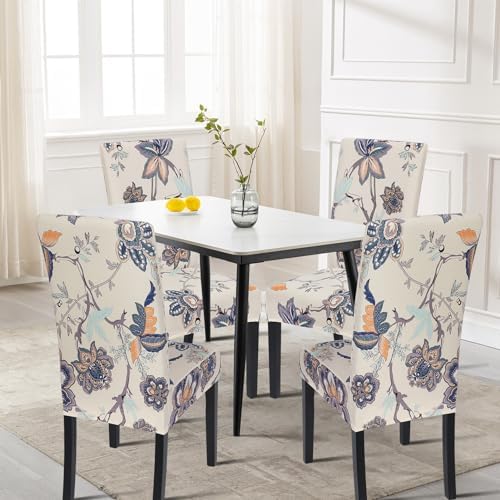 SearchI Dining Room Chair Covers Set of 4, Stretch Printed Floral Parsons Chair Slipcovers Spandex Removable Washable Kitchen Chair Protector Cover for Dining Room, Hotel, Ceremony (Beige+Flower)