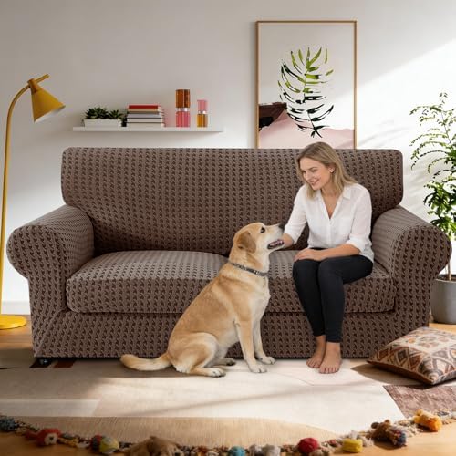 MAXIJIN 3 Pieces Stretch Couch Covers for 2 Cushion Couch Washable Sofa Cover with 2 Extra Large Seat Soft Loveseat Sofa Slipcovers with Non Slip Strap (Brown), 71"-91"(2 XL Cushions)