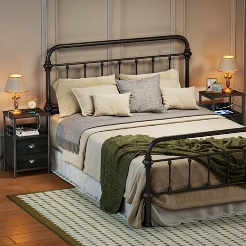 Furologee Nightstands Set of 2 with Charging Station, 2 Fabric Drawers
