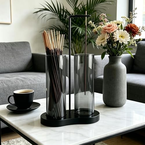 Gray Glass Incense Holder, Black Incense Sticks Burner Holder with Storage,Hang Upside Down Incense Holder for Sticks with Glass Ash Catcher for Meditation Yoga Spa Room Decor (Gray)