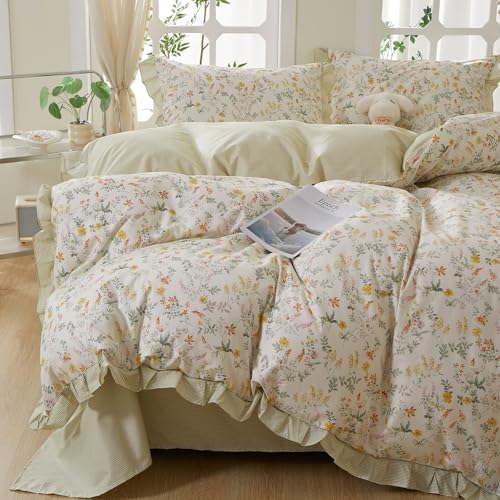 HighBuy Garden Floral Ruffled Duvet Cover Queen for Women Girls,Coquette Bedding Green Striped Duvet Cover Set Shabby Chic 100% Cotton Bedding Set Breathable Durable Luxury with Zipper