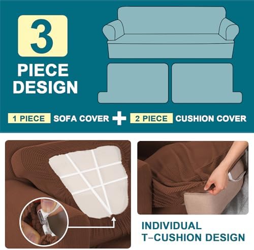 Turquoize 3 Piece T Cushion Sofa Slipcovers Stretch Couch Cover Furniture Covers with 2 Individual T Cushion Covers, Machine Washable (2 Cushion Sofa, Caramel)