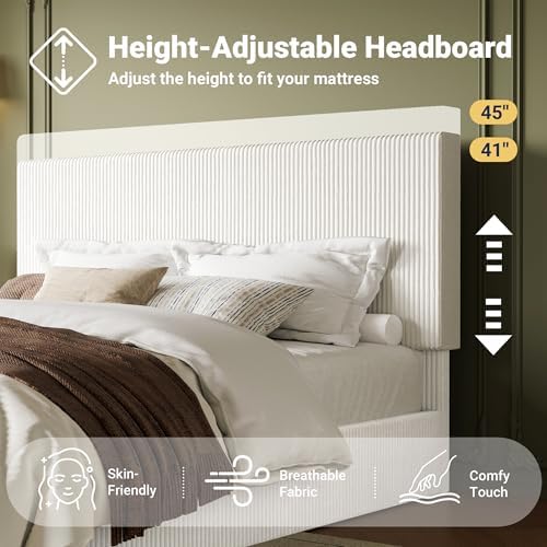 Allewie King Bed Frame, Adjustable Corduroy Headboard, Platform, White