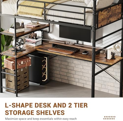 GarveeHome Loft Bunk Bed with L-Shaped Desk, Industrial Twin Loft Bed,Brown