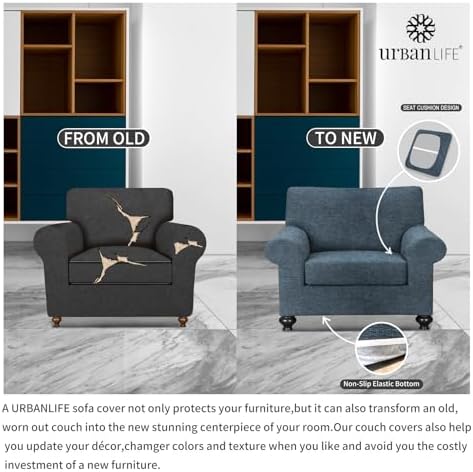 URBANLIFE 2-Piece Stretch Sofa Covers for 1 Cushion Couch, Dusk Blue Gray