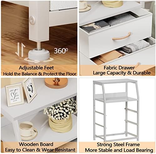 Furnulem White Night Stand with 3 Fabric Drawers , Small Bedside Table