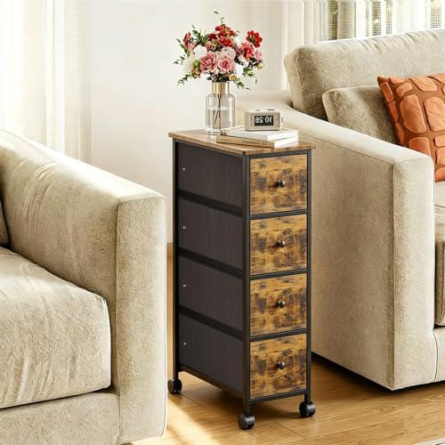 Narrow Nightstand with 4 Drawers, Slim Bedside Table for Small Space