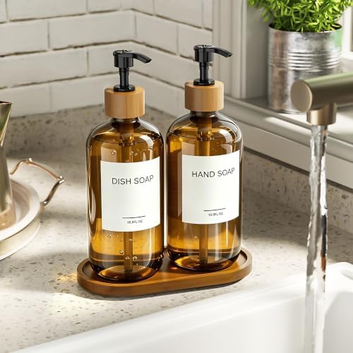MASADI Amber Soap Dispenser Set with Tray, Dish and Hand soap Lotion Dispenser Set with Wooden Pump for Kitchen and Bathroom Decor for Counter, Modern Vintage Liquid Soap Dispensers