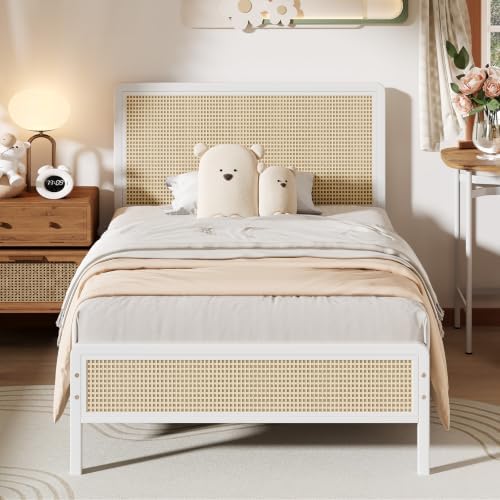 IMMERSTABLE Rattan Twin Bed Frame with Headboard, Boho Twin Metal Platform Bed Frame with Steel Slats, Under Bed Storage, Rounded Corners, No Box Spring Needed, Quiet Design, Easy Assembly, White