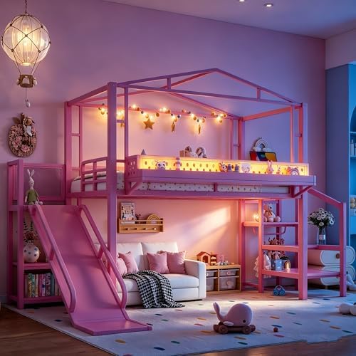 Bellemave Twin Size Metal House Loft Bed with Slide and Stairs,Heavy Duty Playhouse Loft Bed Frame with Shelves,LED Lights and Charging Station for Kids,Teens,Adults,Pink