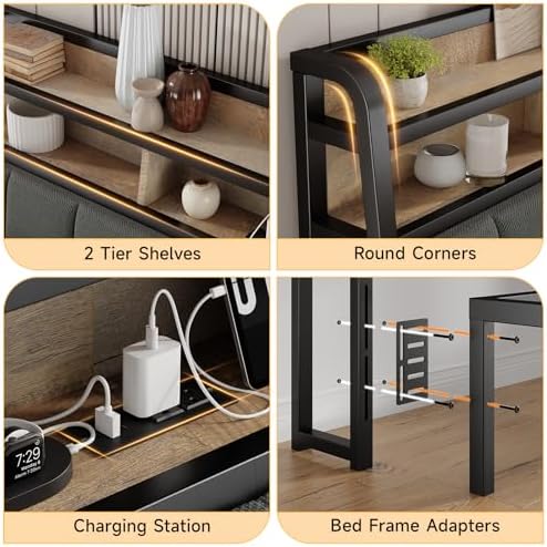 ONBRILL Ergonomic Headboard Queen Size with 2-Tier Storage, Black & Brown