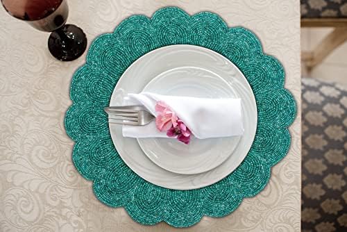 Lightnpro Handmade Beaded Placemats Set of 2 – 13 Inch Teal Round Scalloped Charger Mats, Elegant Teal Table Décor for Dining, Parties & Weddings | Handcrafted Artisan Beadwork Table Accessories