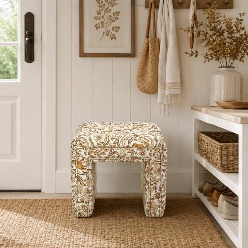 Get Set Style Vanity Stool Chair,Modern Tusk Bloom Ottoman Foot Stool with Wooden Legs Sofa Bench Footstool Extra Seat for Vanity,Makeup Room,Living Room(Fully Assembled) (Tusk&Bloom-Spice)