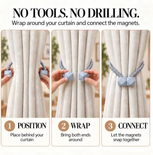 NazTur Magnetic Curtain Tiebacks, Curtain Ties, No-Drill Holdbacks (4 Pack)