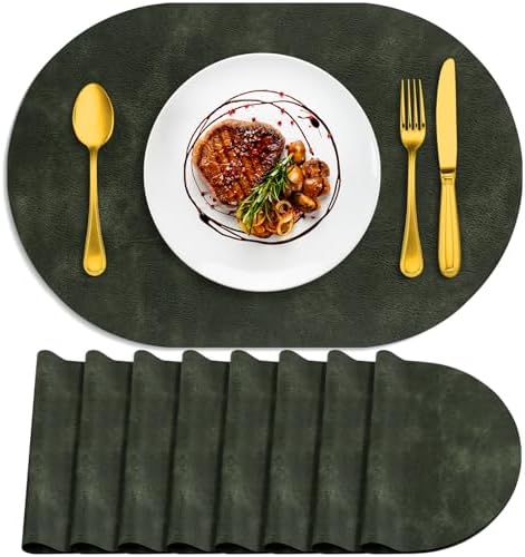 ADRIMER Oval Placemats Set of 8, Wipeable Faux Leather, Olive Green