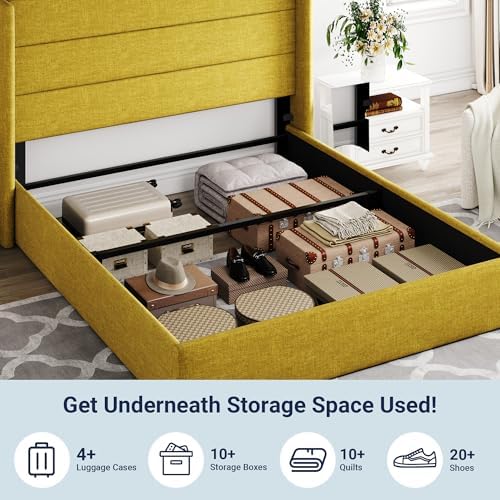 Allewie Queen Size Lift Up Hydraulic Storage Bed Frame Olive Yellow