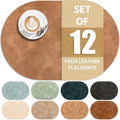 ADRIMER Oval Placemats Set of 12, Wipeable Faux Leather, Sandy Light Brown