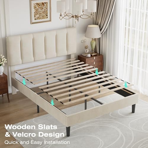 VECELO Queen Size Bed Frame with Upholstered Headboard, Pale Beige
