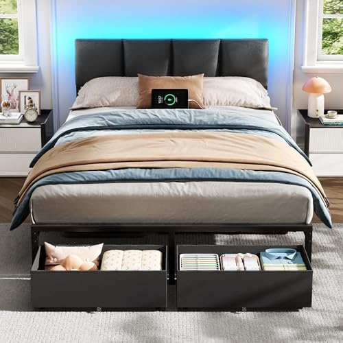 Furnulem Full Size Bed Frame with PU Upholstered Headboard and 2 Drawers