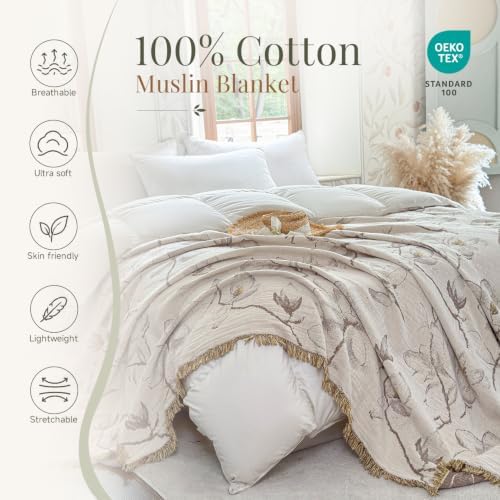 Simple&Opulence Cotton Muslin Blanket King Size 104"x90", Reversible Yarn-Dyed Vintage Khaki Floral Jacquard, 3-Layer Gauze with Tassels, Soft Lightweight Breathable All-Season Bedspread for Bed Couch