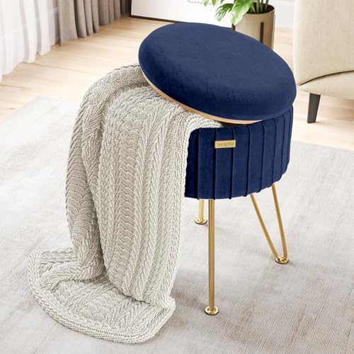 Round Ottoman with Storage, Pleated Velvet Storage Ottoman, Foot Stool Ottomans, Makeup Vanity Stool, Small Ottomans Foot Rest, Modern Vanity Stools for Living Room and Bedroom, Blue