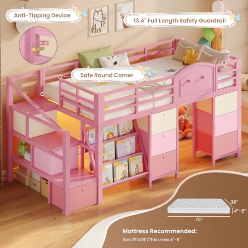 Low Loft Bed Twin Size with 9 Storage Drawers, Bookcase and LED Lights, Metal Kids Loft Bed with Wide Staircase, Open Shelves and Safety Guardrail, Twin Loft Bed with Under-Bed Playhouse, Pink