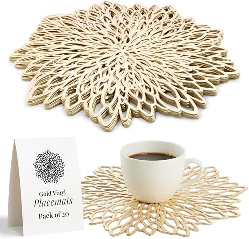 Juvale 20-Pack Gold Vinyl Placemats - Round Leaf Design Table Chargers for Dining Table Settings (14.4 Inches Place Mat)