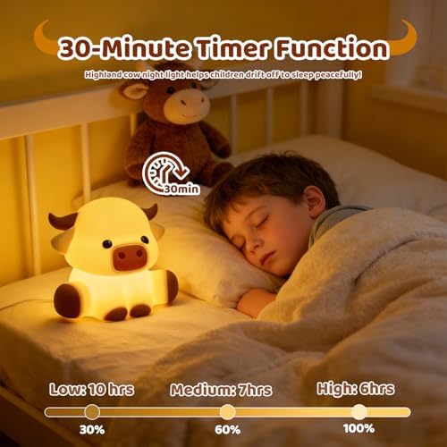 Cute Highland Cow Rechargeable Night Light, LED Touch Silicone Lamp for Bedroom with 7 Colors Timer and Dimmable Squishy Warm Night Lights, Novelty Animal Lamp for Nursery Birthday Gift