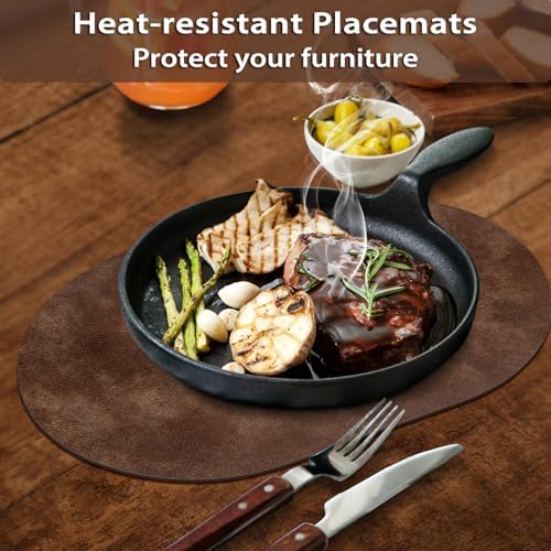 ADRIMER Oval Placemats Set of 4, Wipeable Faux Leather, Brown