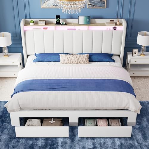 Allewie King Size Bed Frame with 2-Tier Storage Headboard & 2 Large Drawers