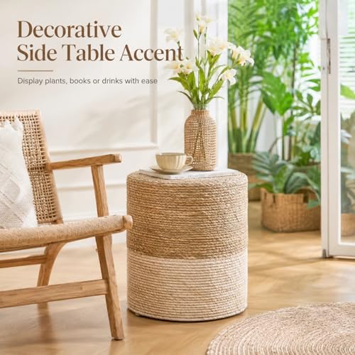 14" Boho Pouf Patio Ottomans Natural Straw Handweave Rustic Round Footstool