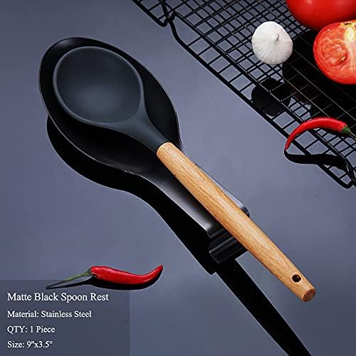 Matte Black Spoon Rest, Stainless Steel Spoon Holder for Stove Top, kitchen utensils Holder for Ladles, Tongs, Spatula, Stove Spoon Holder, Pot Lid Holder, Dishwasher Safe (1PC-9.5 Inch)