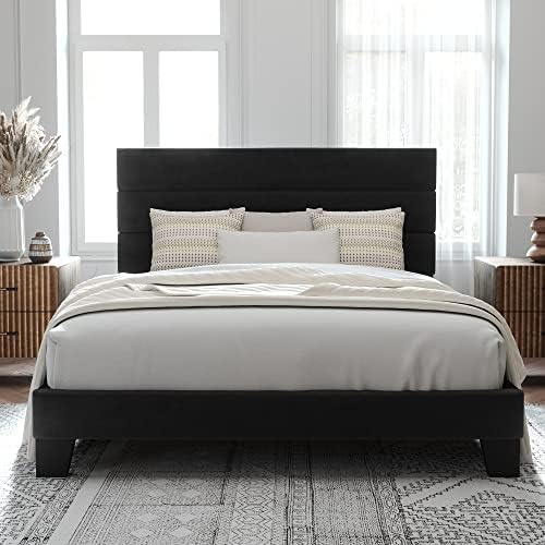Allewie Queen Size Platform Bed Frame with Velvet Upholstered Headboard