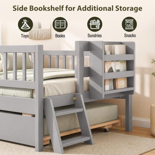 KOMFOTT Twin Bed Frame with Trundle & Bookshelf, Trundle Bed for Kids, Grey