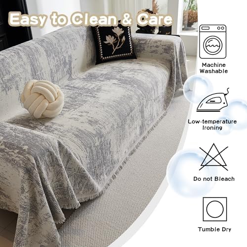 MEETSKY Couch Cover Boho Sofa Covers Couch Covers for 3 Cushion Couch Sofa Pet Friendly, Abstract Geometric Washable Sofa Slipcover for Sectional Sofa Cover with Tassel, 91" x 134", Light Grey
