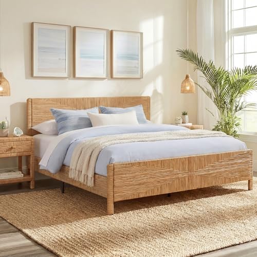 Brafab Hand-Woven Rattan King Bed Frame with Headboard and Footboard