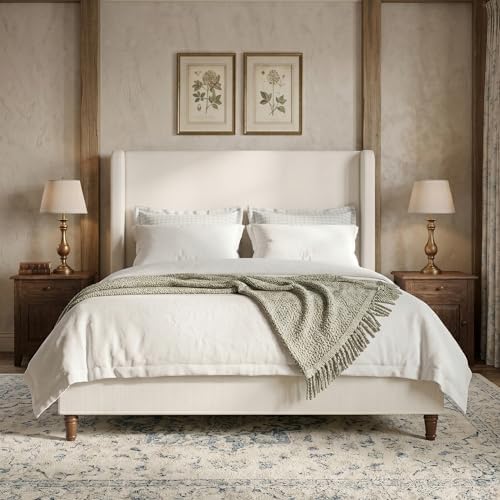 54" Tall Headboard Upholstered Platform Bed Frame with Wingback, Modern Farmhouse & Mid-Century Tufted Fabric Bed with Solid Wood Legs, Heavy Duty 1000 lbs Support, No Box Spring Needed, Easy Assembly