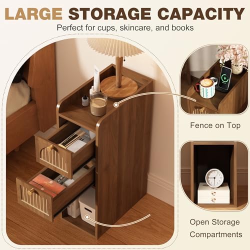 7.87" Narrow Nightstand Set of 2, Fluted Slim Bedside Table with 2 Drawers, Mid Century Modern Small End Table with Gold Metal Handles, for Bedroom, Living Room & Small Spaces - Walnut