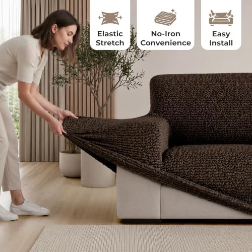 PAULATO Premium Stretch Couch Covers for Sofa - Sofa Chair Cover Washable, Dogs & Pets Friendly - Elastic Polyester Loveseat Slipcovers - Non-Slip Love Seat Couch Covers - Dark Brown (64"-85" Wide)