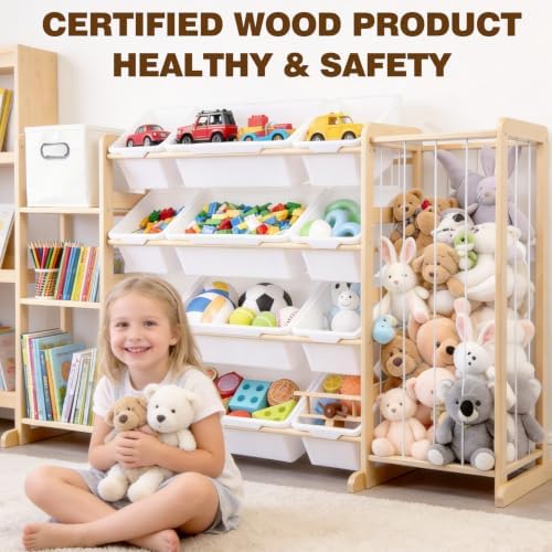 Kids Toy Storage Organizer with Bookshelf and Stuffed Animal Storage, 12 Removable Toy Bins and 1 Bonus Fabric Bin, Wooden Organizer for Playroom and Nursery, White
