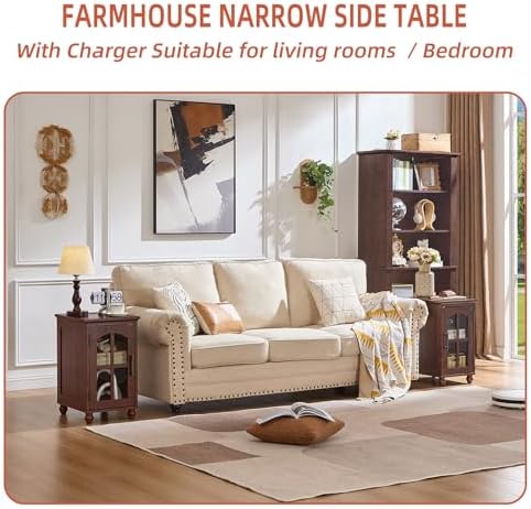 RWYHG Narrow Side Table, Farmhouse Nightstand with Charging Station