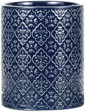 Kitchen Utensil Holder, 6x7 inch Large Ceramic Utensil Holder with Embossed Pattern, Cooking Utensil Crocks for Kitchen Countertop, Home Decor, Blue