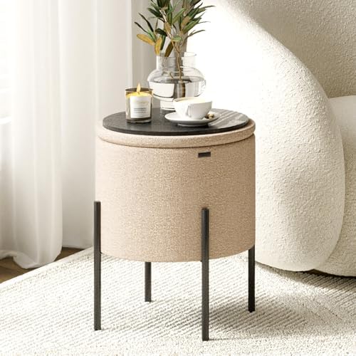 Round Ottoman with Storage, Boucle Storage Ottoman, Foot Stool, Makeup Vanity Stool, Small Foot Rest, Modern Ottomans for Living Room and Bedroom, Beige