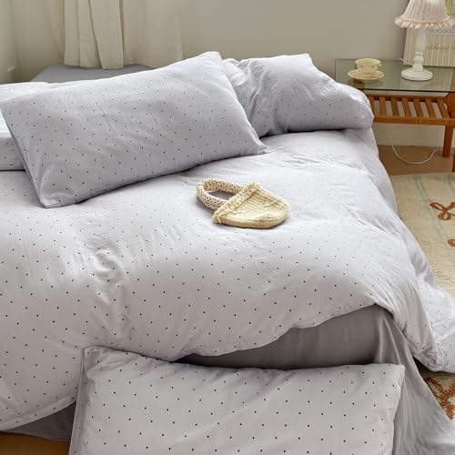 Polka Dot Queen Duvet Cover Set Grey Boho Comforter Cover Queen Size 100% Cotton Double Gauze Country Soft Duvet Cover Set with Zipper Farmhouse Girl Bedding Set Cute Duvet Protector