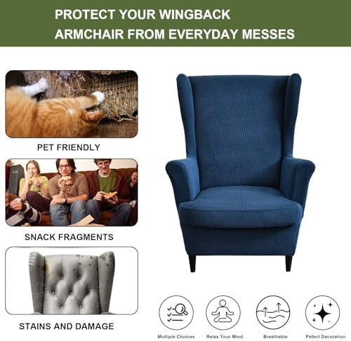 HAOYONG Jacquard Wingback Chair Cover Thickening Wing Armchair Covers Set of 2 Stretch Chair Slipcovers Non-Slip Armchair Protector Cover with Elastic Bottom