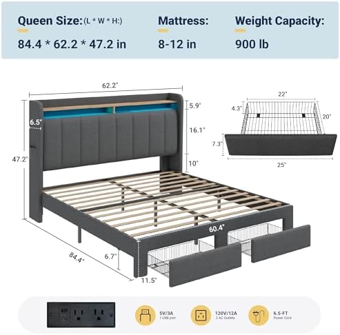 Allewie Queen Bed Frame with 2-Tier Storage Headboard & 2 Large Drawers