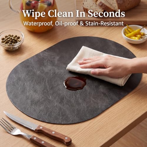 Oval Placemats Set of 4, Wipeable Faux Leather, Dark Grey