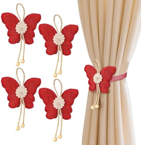 4 Pcs Cute Butterfly Curtain Holdbacks,Magnetic Curtain Tie Backs Decorative Rope for Living Room Bedroom Kitchen Bathroom Decoration (Red)