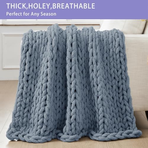 Bigacogo Chunky Knit Throw Blanket for Couch, 40x80 inches, Cold Sea Blue