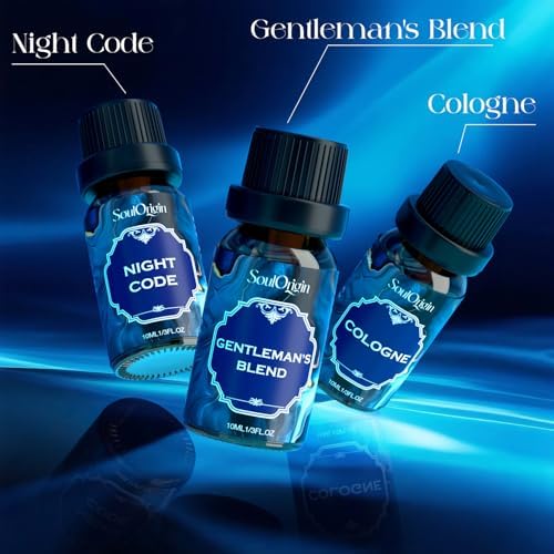 Soulorigin Cologne Fragrance Oils Set, Essential Oil for Diffuser, Men Scent Diffuser Oil, Use for Soap Candle Making, Cologne, Leather&Musk, Revive Blue, Sunlit Wander, Gentleman's Blend, Night Code